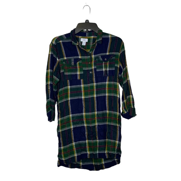 Old Navy Girls L(10) Plus Green Blue Roll Tab Sleeve Plaid Flannel Shirt Dress - Picture 1 of 8